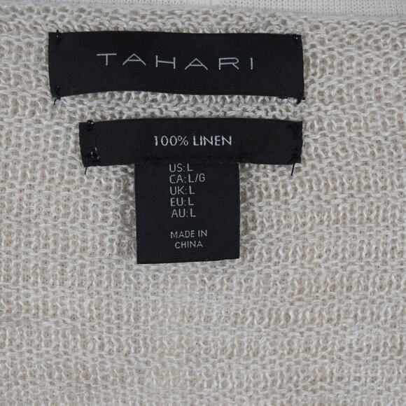 Tahari Linen Beige Pullover Sweater Scoop Neck Textured Stripes Hip Length Sz L - Picture 7 of 9